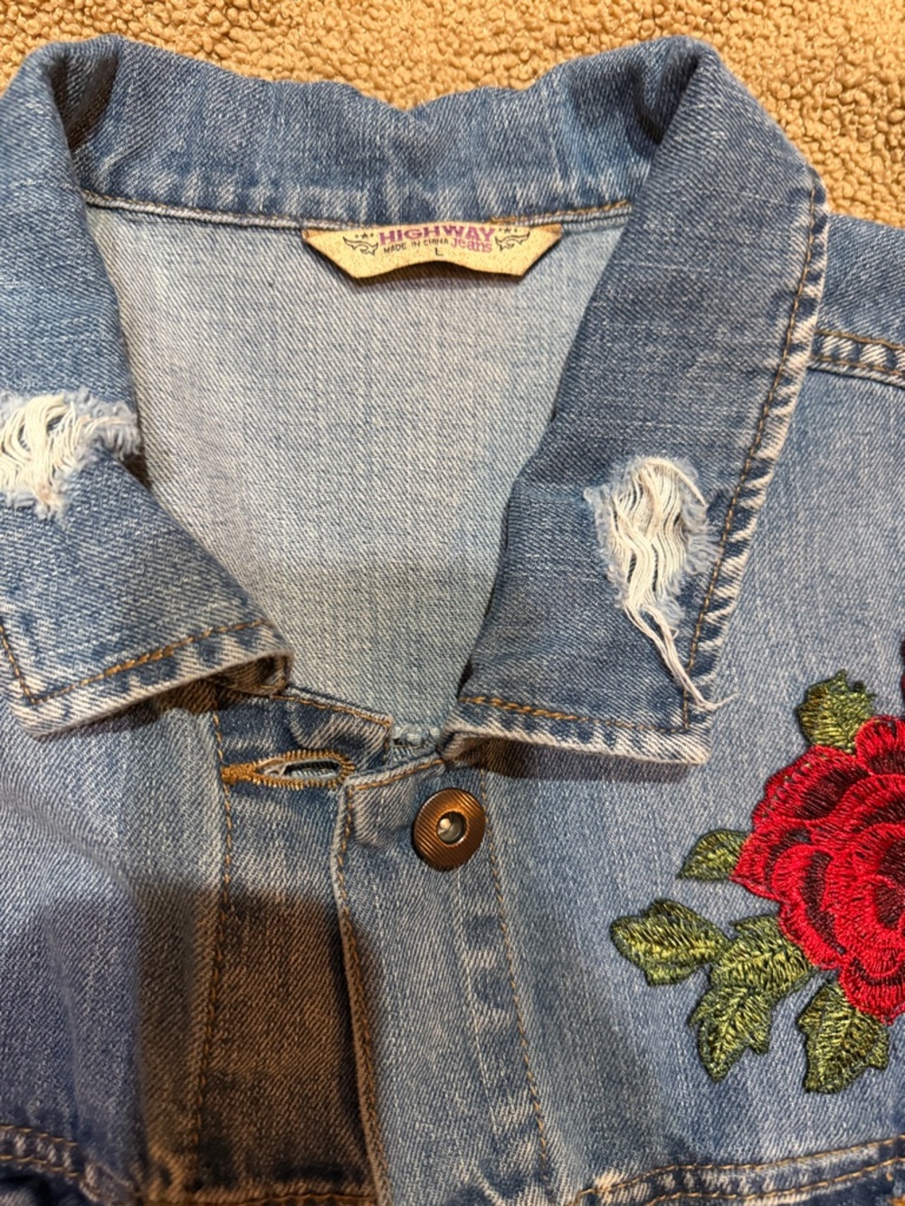 Highway Jeans Light Blue Denim Jacket with Red Rose Patch - Picture 2 of 6